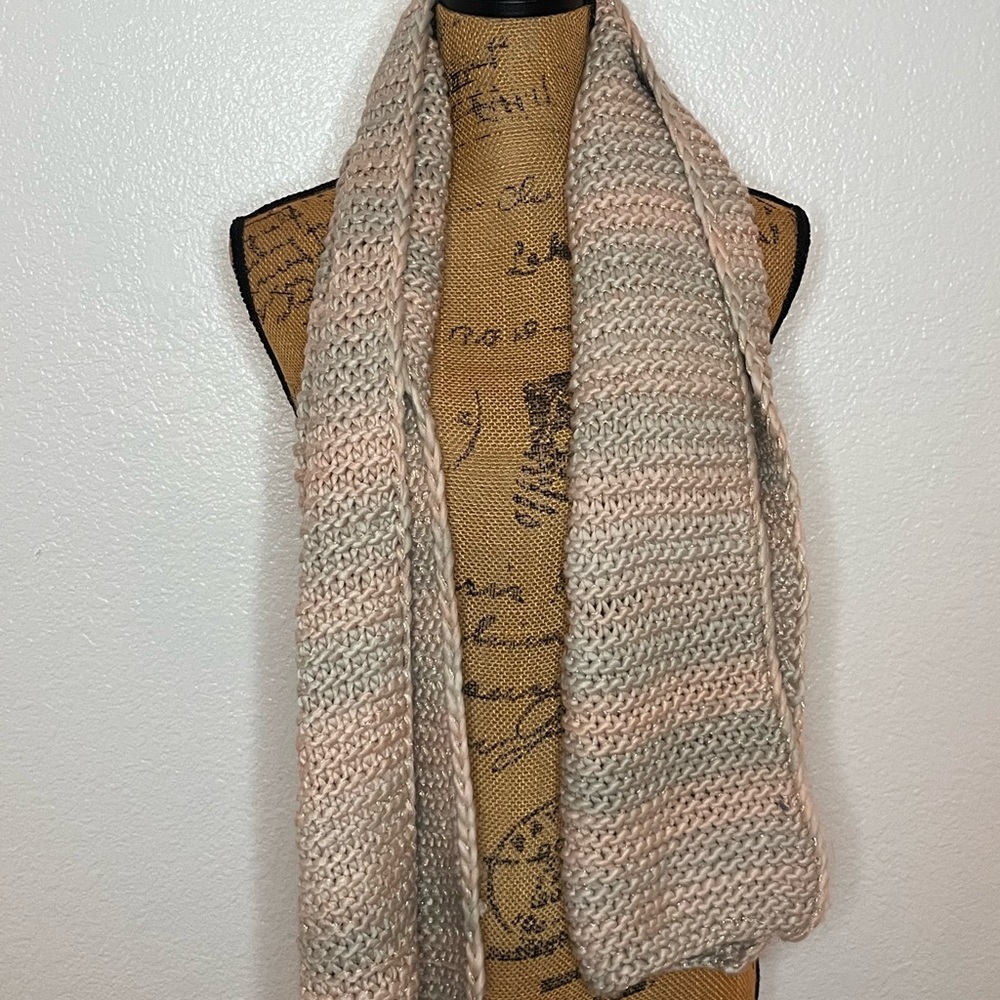 Hand Knit Scarf Neutral Colors With Gold Accent